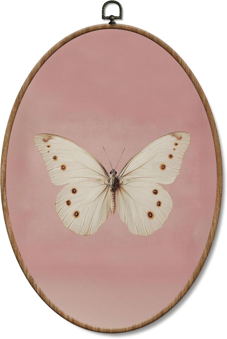 Yorhifa Vintage White Butterfly Framed Wall Art, Neutral Butterfly Oval Wall Art, Retro Pink Aesthetic Insect Oval Walls Decor, Rustic Moth Canvas Artwork Hanging Decor, 8.5x11.5 Inch (color_9)