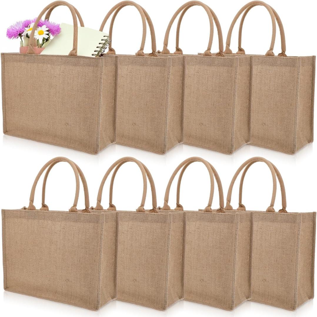 8 Pack Jute Tote Bags with Handles, 15.4''x12.2''x5.9'' Waterproof Gym Shopping Travel Gift Bag, Large Natural Blank Burlap Tote for Grocery Shopping, DIY, Weddings, Travel, Beach, Party