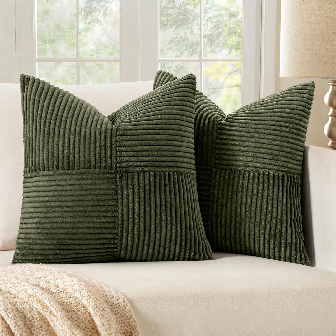 MIULEE Olive Green Decorative Throw Pillow Covers 18x18 Inch for Couch Bed Sofa Spring Decor Pack of 2 Boho Farmhouse Throw Pillows Soft Cross Corduroy Patchwork Textured Cushion Cases