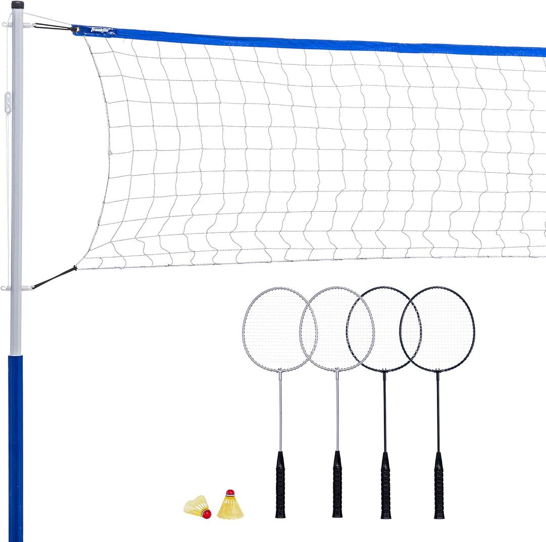 Franklin Sports Badminton Set - Complete Badminton Set with Net, Rackets + Birdies - Kids + Adults Outdoor Game Set - Portable Badminton Set - 4 Players, One Size