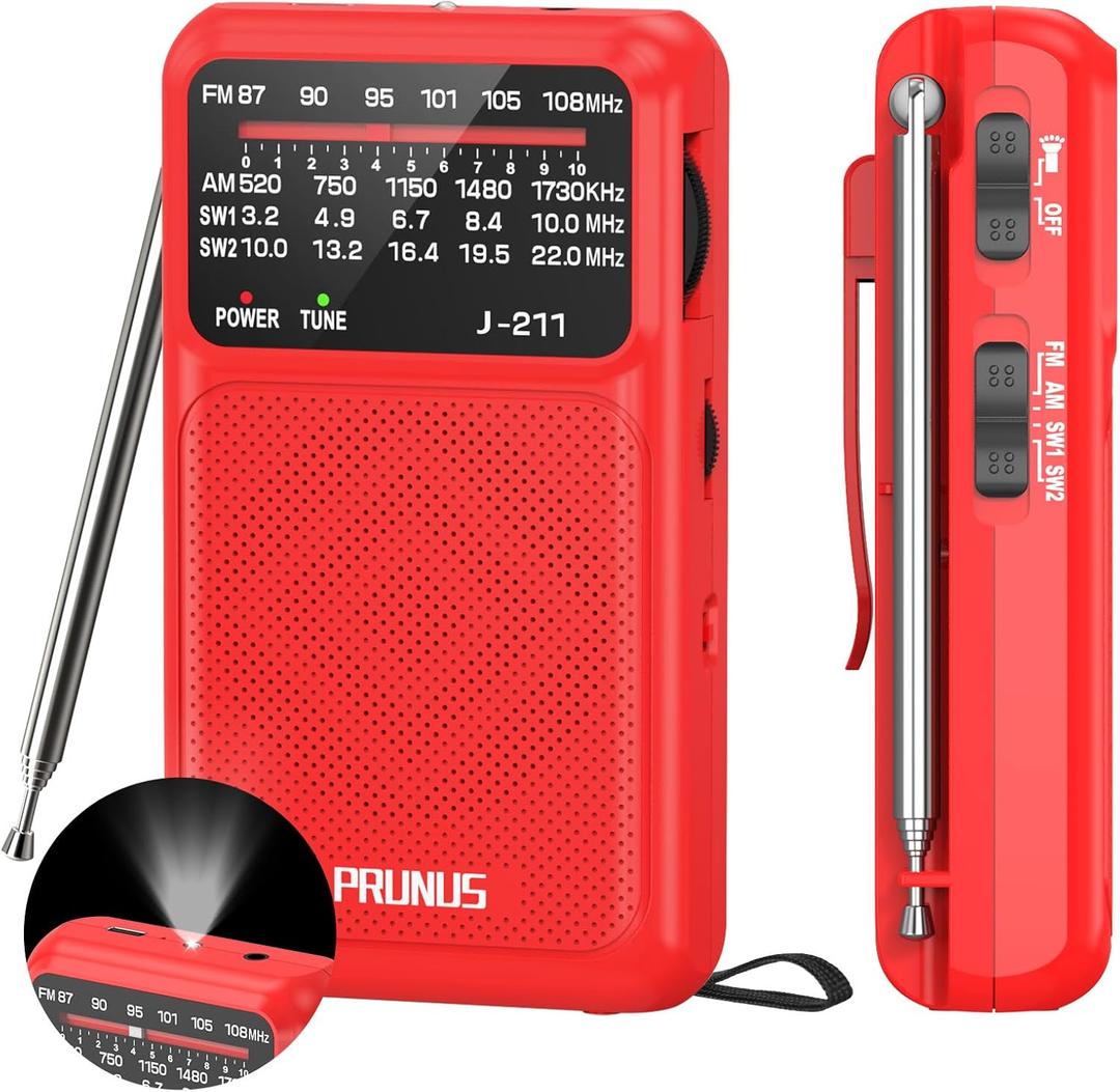 PRUNUS J-211 Portable Radio AM FM with USB Charging and AA Battery Operated, Transistor Radio, Strong Reception& Clear Speaker, Headphone Jack, Back Clip, Lanyard, Small radios Portable AM FM