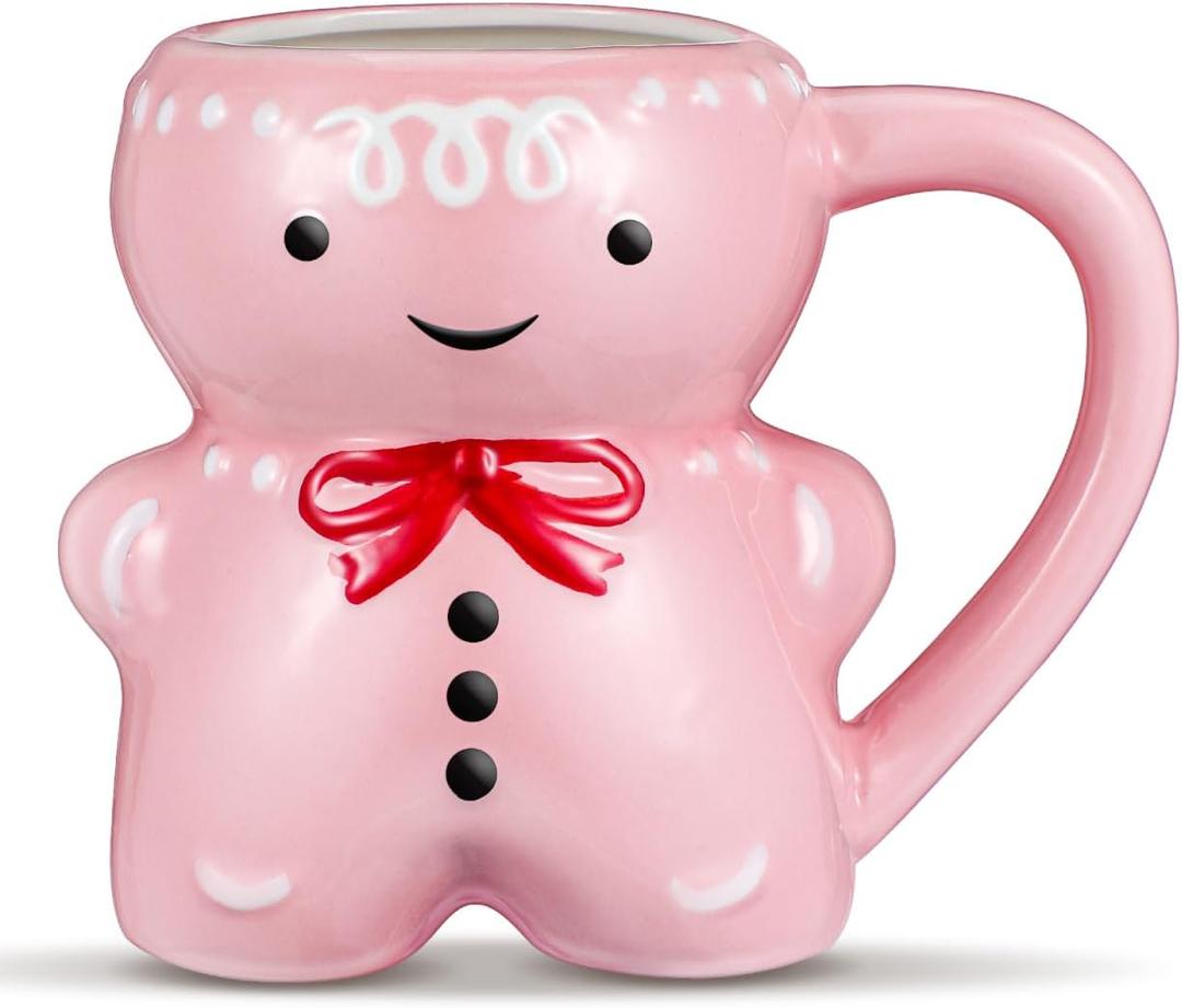 Kichvoe Gingerbread Ceramic Christmas Coffee Mugs Cute 3D Gingerbread Man Cup Novelty Mug with Handle Milk Tea Cup Drinking Glasses For Holiday Christmas Party Supplies Pink