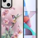 OOK Designed for iPhone 15 Case Built in Screen Protector Cute Blue Floral Flower Design for Women Girls Hard PC Back Anti Slip Shockproof Protective Cover Compatible with iPhone 15 (Hummingbird)