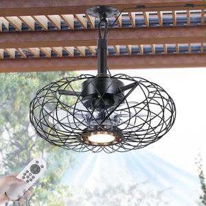 PAZALA 15" Gazebo Ceiling Fans with Lights and Remote Control, Waterproof Enclosed Caged Ceiling Fan with 3 Color LED Light, Portable Hanging Outdoor Fan with Plug in Cord Hook for Patios Black