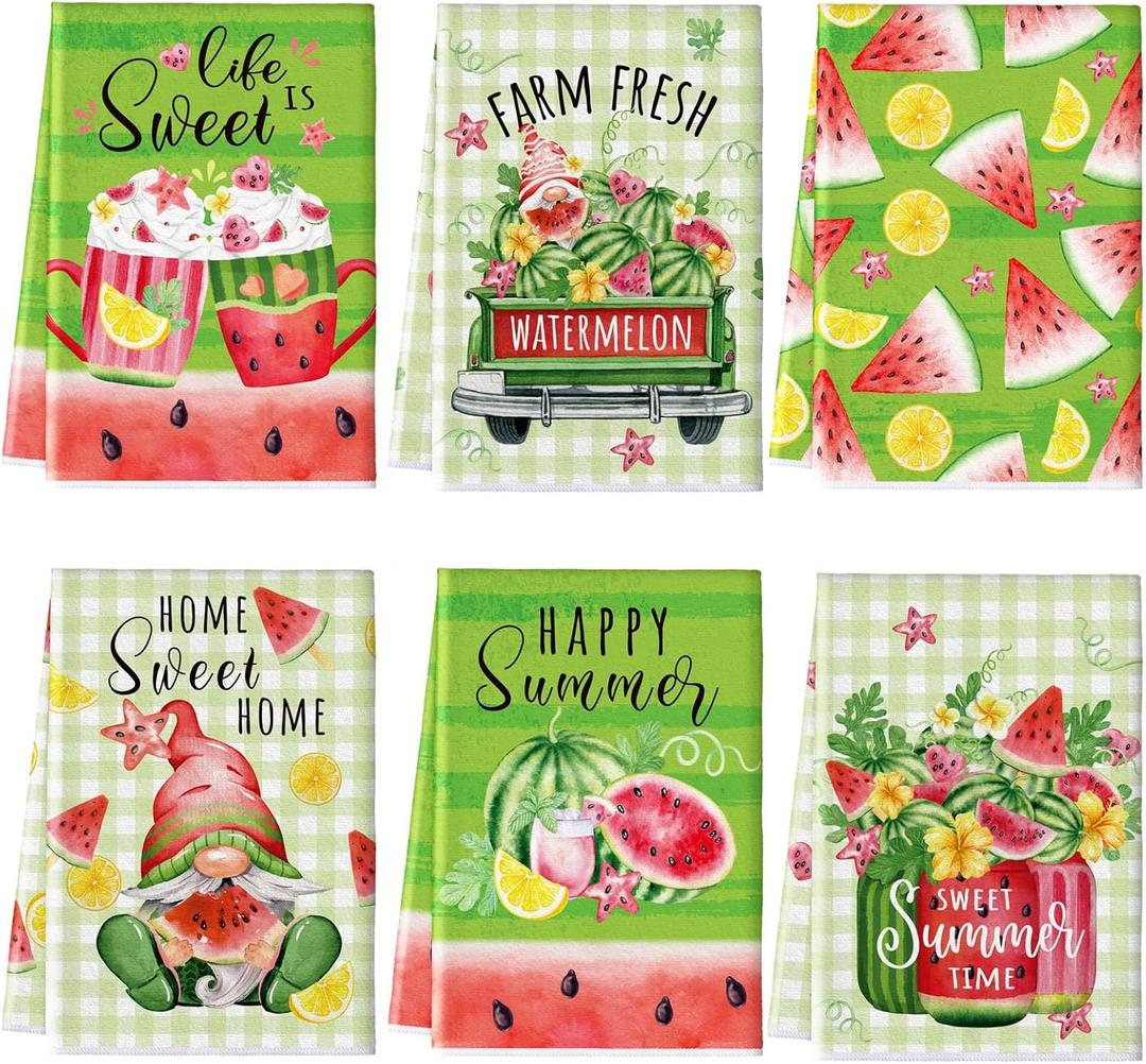 Tudomro 6 Pcs Summer Watermelon Kitchen Towels Summer Watermelon Gnome Truck Dish Towels Absorbent Soft Kitchen Fingertip Towels Fresh Watercolor Towel Set 21x14 In for Bathroom Holiday Seasonal Decor