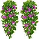 BLEUM CADE Artificial Hanging Flowers for Outdoors, 2pcs Fake Hanging Plants Pothos Vines with Purple Flowers for Wall Home Living Room Indoor Outdoor Decor (No Baskets)