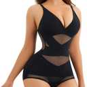 REYEOGO V Neck Bra Bodysuit Shapewear for Women Tummy Control Waist Trainer Full Body Shaper Butt Lifter Briefs Jumpsuit Tops (X-Large, Black)