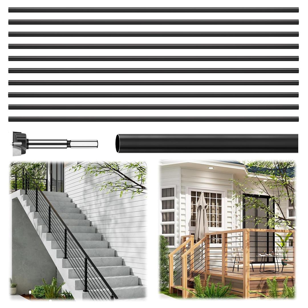 LukLoy 10 Pack 4.7 FT x 5/8 inch SS304 Horizontal Stair Balusters Outdoor | Rust And Weather Resistance, Matte Black Baluster For Outdoor Stairs, Decks, Porches, Wood Drill Bit Included