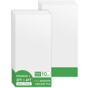 STICKGOO Drop Ceiling Tiles 2ft x 4ft, White Soomth Ceiling Tile 24 x 48in, Waterproof - Fire-Rated to Prevent Breakage Cover 80 Sq. Ft, Pack of 10 PVC Tiles