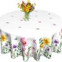 Summer Floral Tablecloth Round 60 Inch, Wildflowers Butterfly Table Cloth Washable Table Cover for Anniversary Wedding Party Picnic Kitchen Dinner Spring Decor