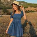 Denim Dress Babydoll Jean Square Neck Puff Sleeve Casual Country Concert Dresses with Pockets for Women 2026 (Blue, L)