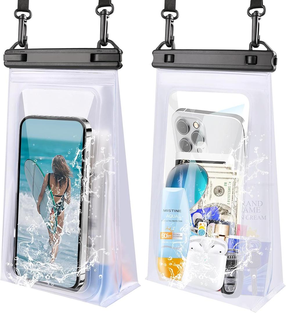 2 Pack Large Waterproof Phone Pouch, IPX8 Double Sealing Floating Waterproof Bag for iPhone 16 15 14 Pro Max Sumsang S25 S24 Google All Devices (White+White)
