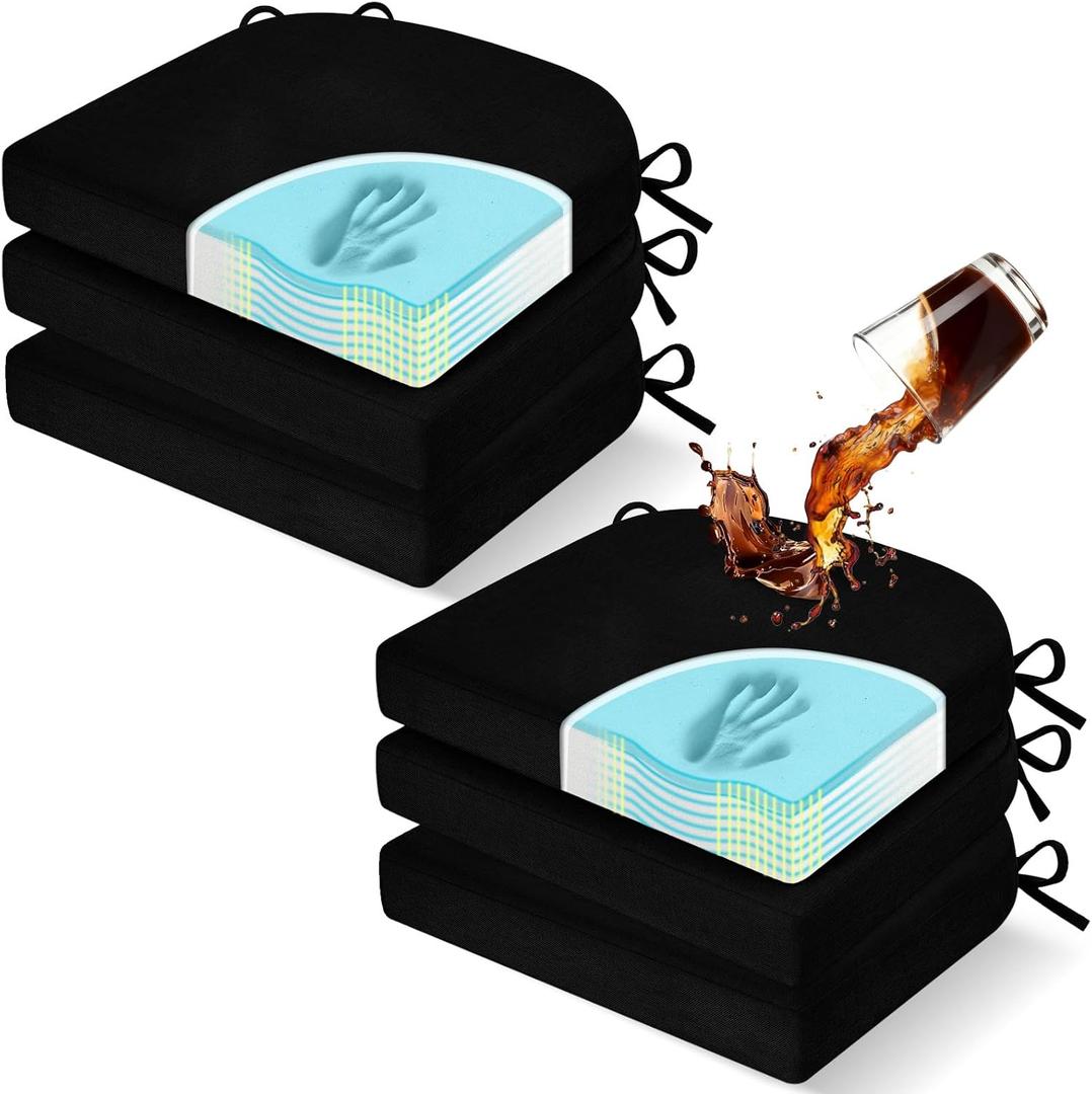 downluxe Chair Cushions for Dining Chairs, Memory Foam Linen Kitchen Chair Pads with Ties, Waterproof, Stain-Resistant and Washable Cover, 17" x 16" x 2.5", Black, 6 Pack