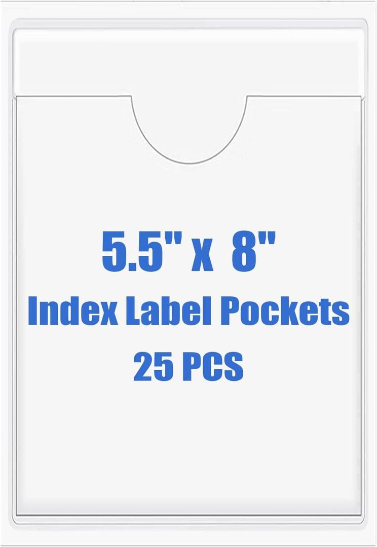 Origin-Joy 25 PCS Self-Adhesive Index Label Pockets, Clear Plastic Peel & Stick Card Holders with Top Open for Loading (5.5 x 8 inch)