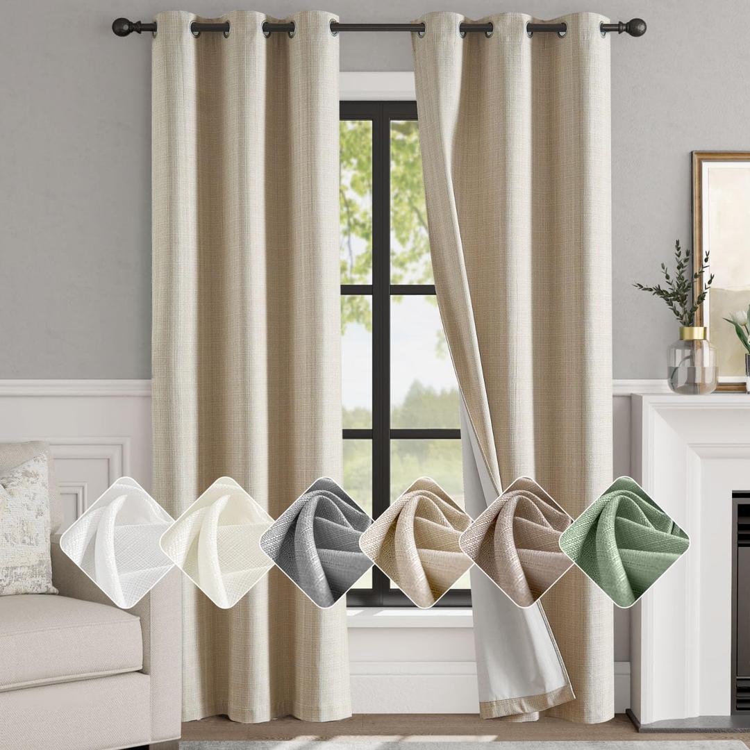 jinchan 100% Blackout Curtains for Bedroom Living Room Linen Blackout Curtains 90 Inch Long Room Darkening Curtains Linen Textured Drapes 2 Panels Window Curtains Grommet Top Heathered Beige (38"W x 90"L (Pack of 2))