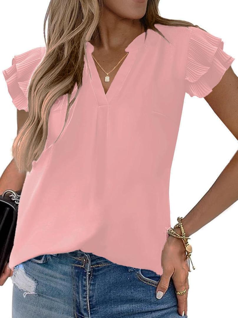 Sucolan Women's Summer Tops Dressy Casual Notch V Neck Ruffle Short Sleeve Flowy Shirts Cute Blouses Tops (Pink, S)