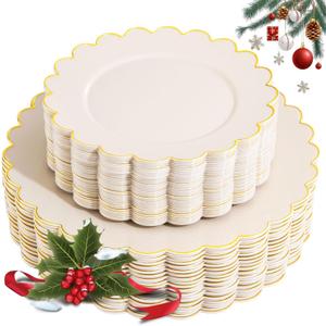 LIYH 60 Pcs Ivory and Gold Scalloped Plastic Plates - Disposable Fancy Combo Plates Includes 30 Dinner Plate 10.25" and 30 Dessert Plate 7.5" Plastic Heavy Weight Party Tableware Dishes