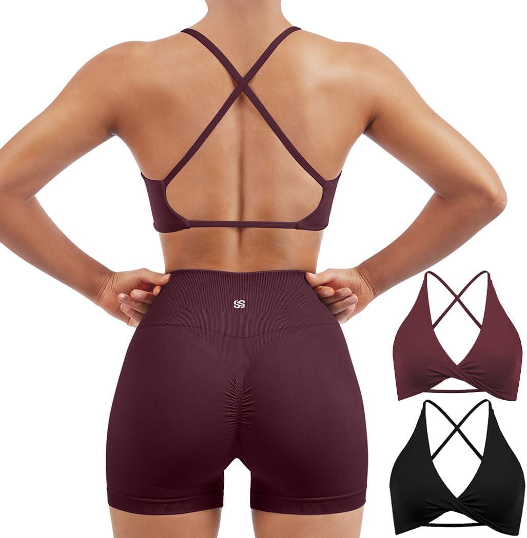 SUUKSESS Women 2 Piece Open Back Strappy Sports Bra Pack Twist V Neck Workout Crops (Small, #2 Wine Red & Black)