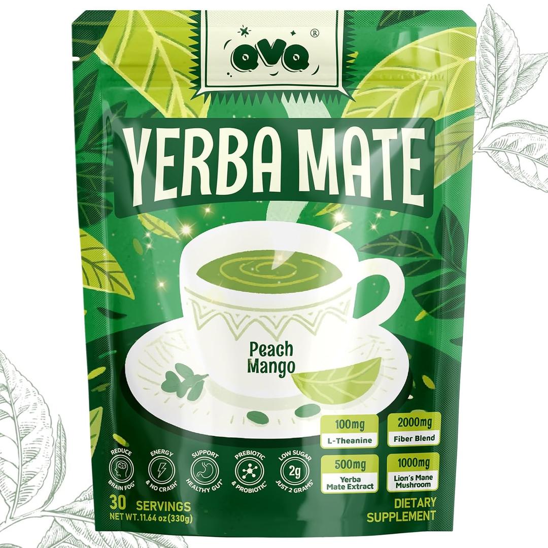 3 x Yerba Mate Instant Tea Powder, 4-in-1 Peach Mango Flavor Super Drink with Prebiotics and Probiotics Lions Mane L-Theanine for Natural Energy & Gut Health, Reduce Brain Fog Low Sugar 30 Servings