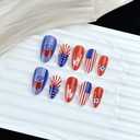 2 x 24Pcs World Cup Press on Nails Medium Almond Fake Nails with Soccer Design Glossy Cat Eye Glitter Nails Press on Red Blue White USA Flag Glue on Nails Reusable Summer Holiday Acrylic Nail for Women