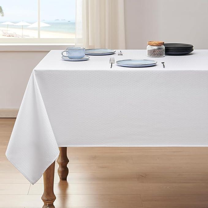 Rectangle Tablecloth Weaved Textured Water Resistant Spill Proof Table Cloth, Decorative Fabric Wrinkle Free Table Cover for Events and Dinner, 60×144 Inch, White Rectangle Tablecloth Weaved Textured Water Resistant Spill Proof Table Cloth, Decorative Fabric Wrinkle Free Table Cover for Events and Dinner, 60×144 Inch, White