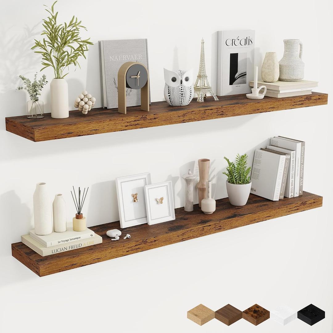 Fun Memories 55 Inch Fireplace Mantel Shelf, 9.3" Deep Floating Shelves for Wall, Long Wall Mounted Farmhouse Display Shelves with Invisible Heavy Duty Metal Bracket, Brown, 2 Pack, 55"W x9.3"D - 2P