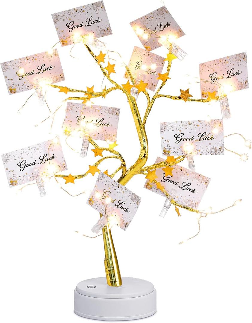Coume Money Tree Gift Card Holder LED Lights Tabletop Display Tree with 15 Clear Clips Gold Silver Display Birch Twig for Money Wedding Photo Birthday Card Holder