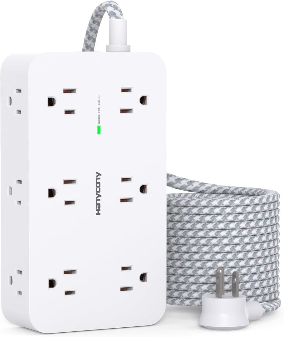 Extension Cord 15 Ft, HANYCONY Power Strip Surge Protector 12 Outlets 4 USB Ports (2 USB C), Large Desk Power Strip with Long Cord, Flat Plug, Wall Mount for Office Home College Dorm Room Essentials (White)