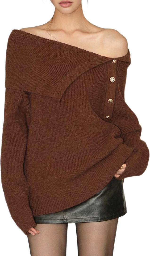 ZAFUL Women's Off The Shoulder Sweater Pullover Knit Cardigan Long Sleeve Loose Going Out Tops (Brown, M)