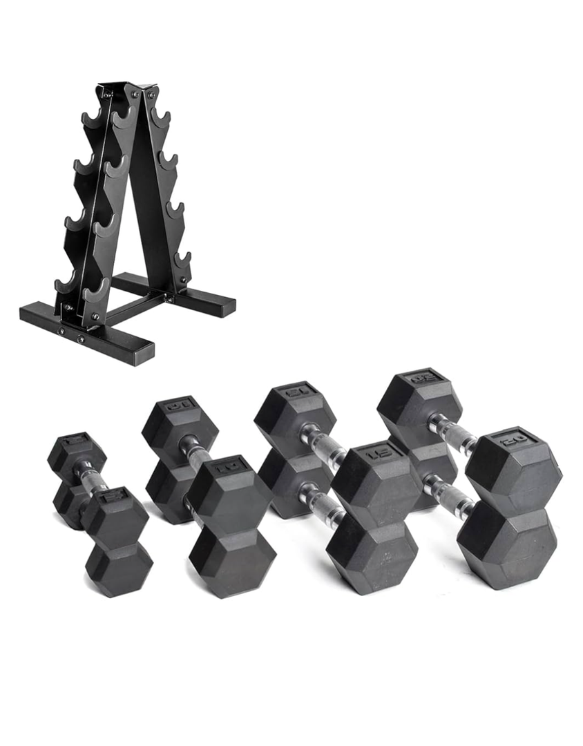 CAP Barbell Rubber Coated Dumbbell Weight Set with Vertical Rack | 100 lb
