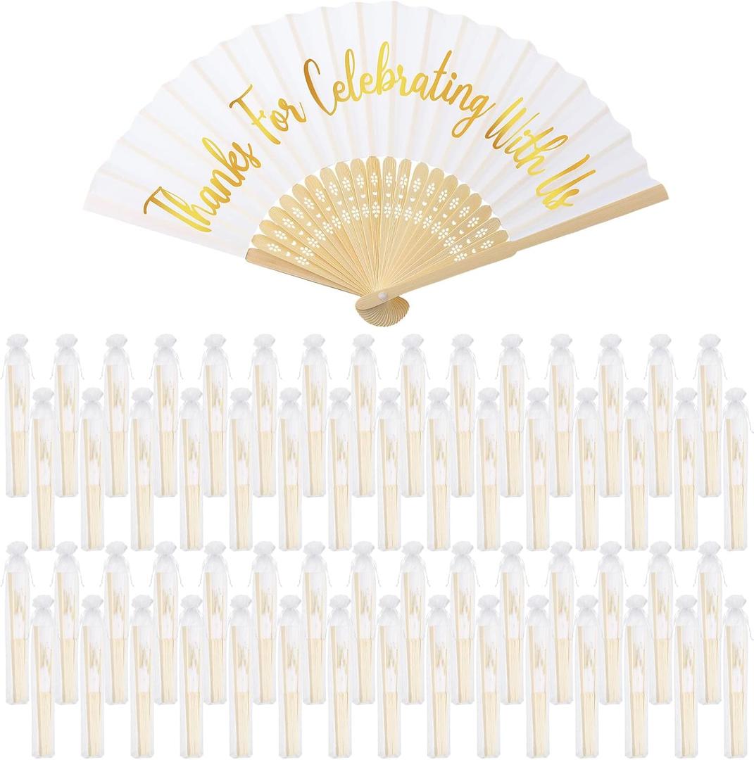 Tatuo 100 Pcs Wedding Party Favors Silk Foldable Hand Fans with Organza Bag Bridesmaid Gift Thanks for Celebrating with Us Hand Fan for Wedding Party Bridal Gift Dancing Props(White)