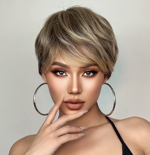 Female Hair Wigs - Short Golden Brown Wavy With Bangs, Layered Human Hair Wigs for Women