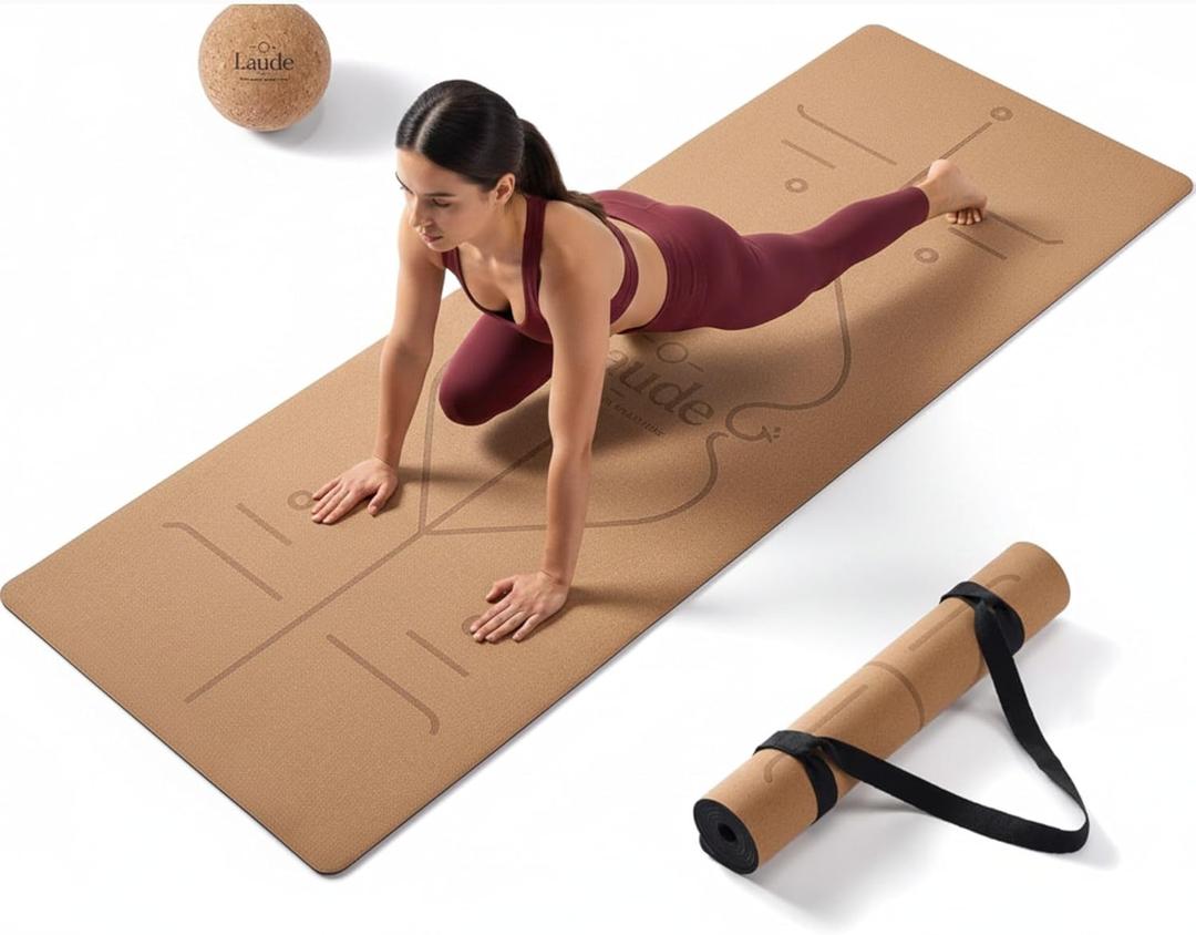 Laude Cork Yoga Mat + Ball Set  Sustainable Non Slip Yoga Mat with Strap  Thick Yoga Mat, Pilates Mat Thick & Workout Mat  Eco-Friendly Cork & Rubber Mat with Alignment Lines, Superior Grip, Sweat-Resistant & Durable 72"x26"