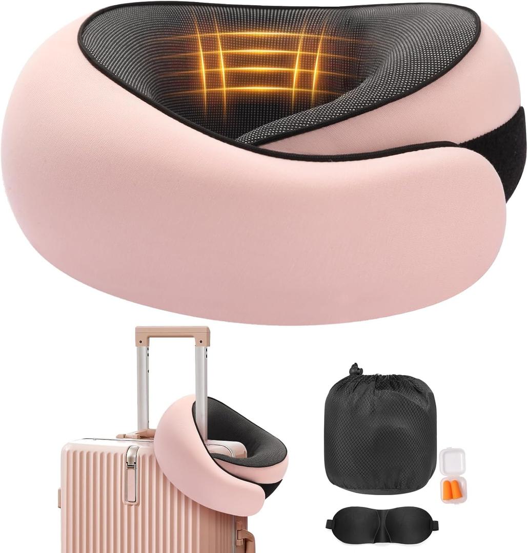 Travel Neck Pillow, Memory Foam Neck Support for Airplane, Car & Office, Breathable Portable Design with Eye Mask, Earplug Holder & Carry Bag, for Women & Men, Pink