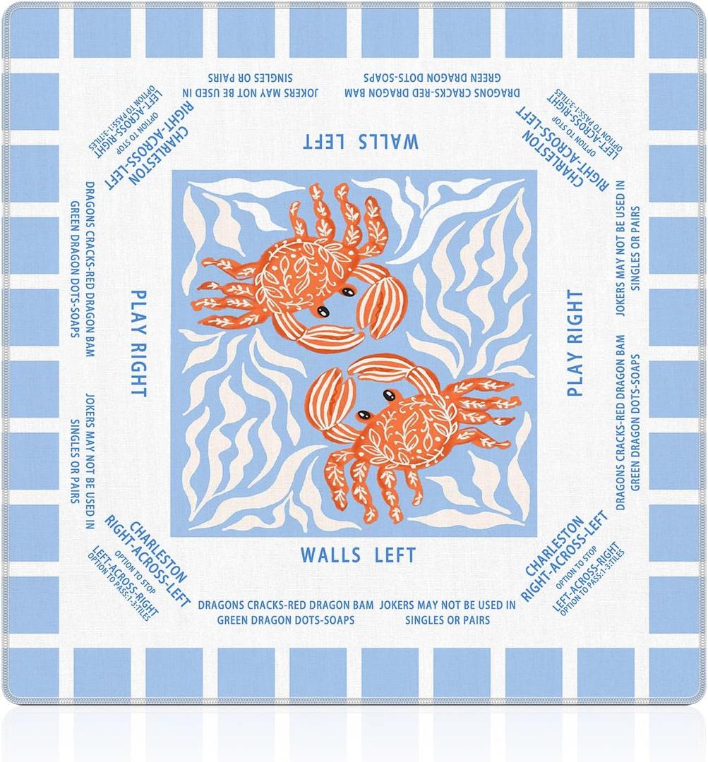 Coastal Beach Crab Mahjong Mat 31.5 x 31.5 in, Blue and White Plaid Mahjong Mat for Table, Anti-Slip Noise Reduction Game Table Cover Tablecloth for Card Poker Dominoes Dice and Board Games