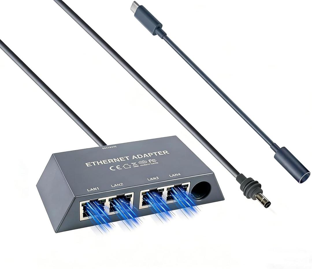 ELUTENG Starlink Multi Port Ethernet Adapter 50cm/1.6ft for Starlink Gen 3 / MINI, 4-Ports Ethernet Dongles RJ45 Interface Wired Extenders with USB C to DC Adapter - 4 Devices Networked Simultaneously