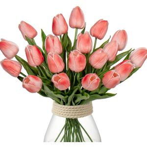 20 Pcs Coral Tulips Artificial Flowers Real Touch Fake Tulips Fake Flowers for Mother's Day 13.5" Faux Tulips Faux Flowers Bulk Artificial Tulips Flowers for Vase Centerpieces Home Wedding Bouquet