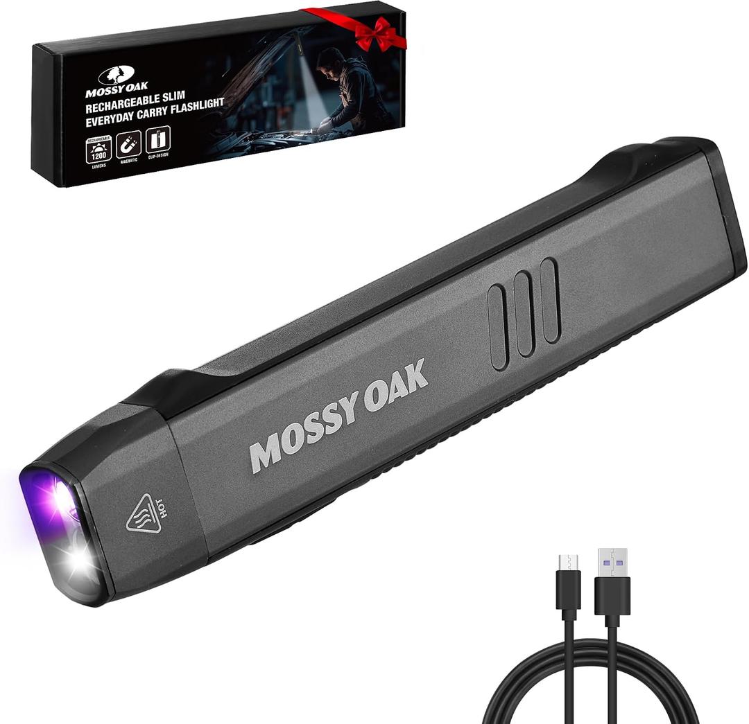 Mossy Oak Rechargeable EDC Flat Flashlight 1200 Lumens, Pocket Work Light with Magnetic Base, UV & White Light Combo, Waterproof LED Inspection Light for Work, Outdoor Use and Emergencies - Gray