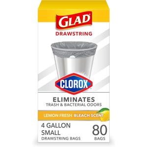 Glad Small Trash Bags 4 Gallon, Lemon Fresh Bleach Garbage Bags, Odor Resistant with Drawstring, 80 Count