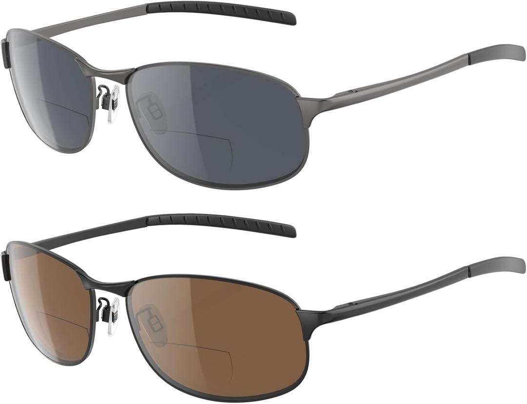 DEHOTRE 2 Pack Bifocal Reading Sunglasses Men Stainless Steel Frame Sun Readers for Driving Zero Top UV400 Metal Hinge