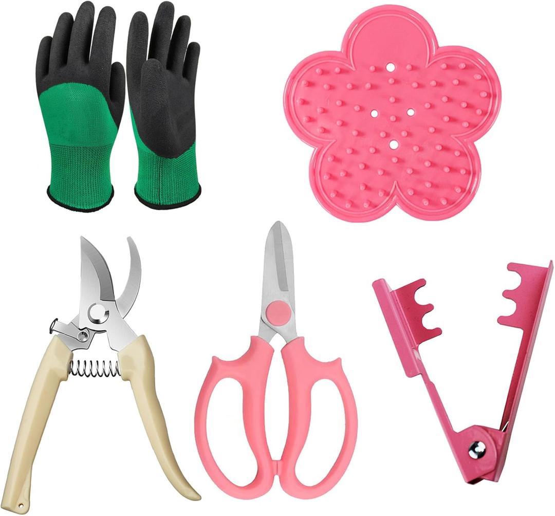Floral Tool Kit, Rose Thorn Stripper Tool Garden Pruning Shears Scissors Kit, Glove for Floral Making Supplies,Use for Florist Supplies, Pink