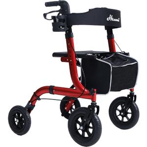 Rollator Walker for Seniors, Lightweight Foldable All Terrain Rolling Walker with seat, Aluminum Walkers with 10 inch Rubber Wheels, Handles and Backrest for Seniors and Adult (Red)