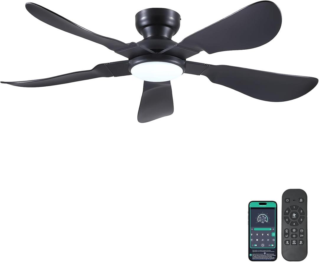 Kviflon 52 Inch Modern Ceiling Fans with Lights, Flush Mount Ceiling Fan with Light and Remote/APP Control, 5 Reversible 6 Speeds Curved Blades, 3 CCT Dimmable Lights for Bedroom, Black