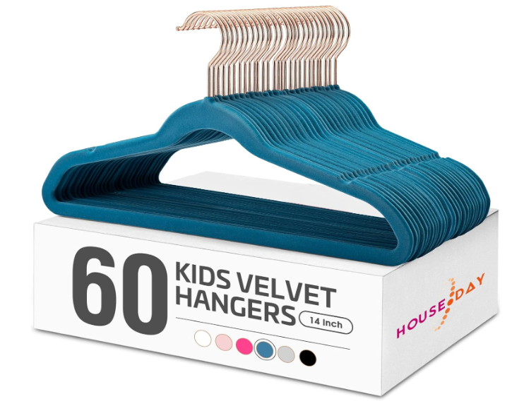 HOUSE DAY Velvet Kids Hangers 60 Pack, Premium Childrens Hangers for Closet, Ultra Thin Cute Clothes Hanger, Non Slip Small Felt Hanger 14 Inch for Kids Clothes, Light Blue