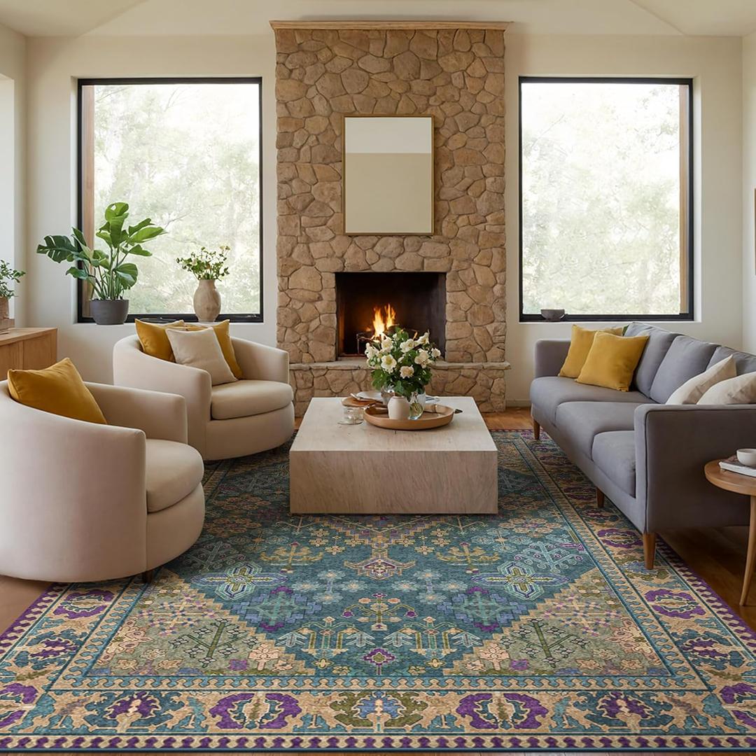 8x10 Area Rugs for Living Room, Machine Washable Low Pile Rug, Non Slip Backing Boho Rugs for Bedroom, Printed Soft Vintage Carpet Teal Green Purple 8 x 10 (Teal/Harvest Gold/Violet/Azure)