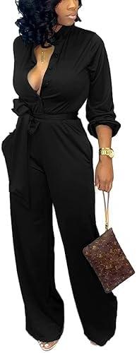 SxClub Jumpsuits for Women Formal Sexy Elegant Long Straight Pants Busineess Party Jumpsuit with Belt Pockets Small 