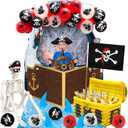 27 Pcs Halloween Pirate Trunk or Treat Car Decorations Kit Include Skeleton Hat Blindfold Flag Spider Web Treasure Box Ship Plank Steering Wheel Seawater Shark Decor Balloons for Outdoor SUV Garage