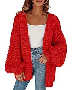 Remikstyt Womens Chunky Cardigan Cable Knit Oversized Open Front Cardigan Sweaters (X-Large,Red)