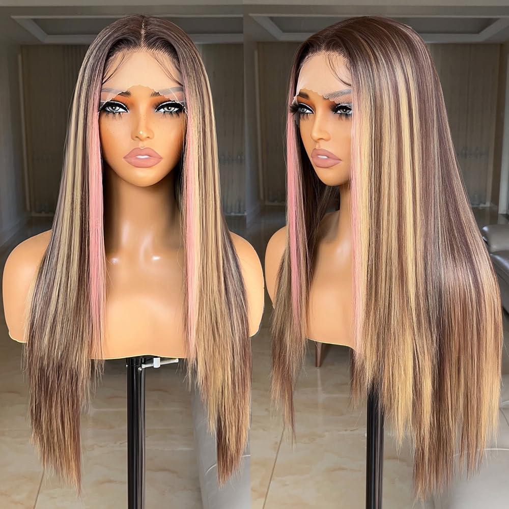 Pink Highlight Wig Lace Front Wigs Glueless Wig Long Straight Wigs for Women Pre Plucked with Baby Hair 26 Inch Pink Color Forehead Synthetic Lace Front Wig