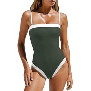 LASLULU Womens Spaghetti Straps 1 Piece Swimsuits Tummy Control Swimming Suits Slimming Modest Square Neck Bathing Suits Beach Outfits Swimwear (Forest Green Small)